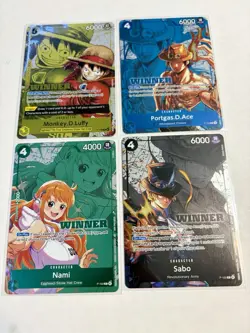 One Piece Winner Lot of 4 Cards NM Monkey.D.Luffy, Portgas.D.Ace, Nami, Sabo - Image 1