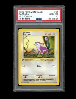 Pokemon PSA 10 GEM MINT Rattata 1st Edition Base Set Shadowless 1999 Card 61/102 - Image 1