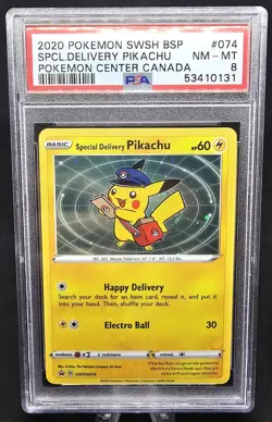 202 POKEMON SWSH BLACK STAR PROMO #074 SPECIAL DELIVERY PIKACHU HOLO PSA 8 - Image 1