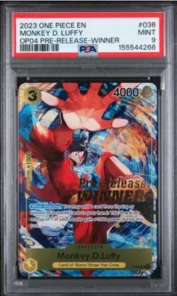 2023 One Piece English #036 Monkey D Luffy OP04 Pre-Release - Winner PSA 9 MINT - Image 1
