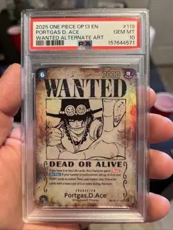 2025 One Piece OP13 Wanted Alternate Art #119 Portgas D Ace PSA 10 (ERROR) - Image 1