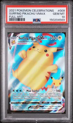 PSA 10 GEM MT 2021 POKEMON CELEBRATIONS SURFING PIKACHU VMAX #009 FULL ART - Image 1