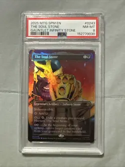 2025 MTG Marvels Spider-Man 0243 The Soul Stone Borderless Gauntlet Thanos PSA 8 - Image 1