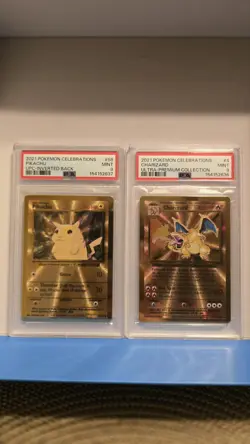 PSA 9 2021 Pokemon 25th Anv. Celebrations Gold Metal Pikachu & Charizard - Image 1