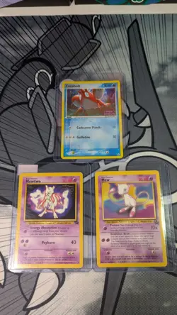 3 Vintage Pokemon Cards, Mew And Mewtwo Promo's + NM Holon Phantoms Corphish - Image 1