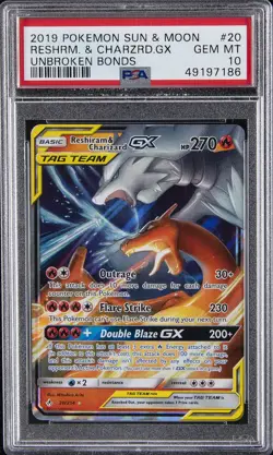 2019 POKEMON SUN & MOON UNBROKEN BONDS #20 RESHIRAM & CHARIZARD GX PSA 10 - Image 1