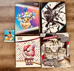 POKEMON TCG BUNDLE W NEW WHITE FLARE BINDER & 500+ BLK/151/PRE CARDS - SEE DEETS - Image 1