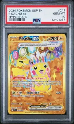 2024 POKEMON SSP EN SURGING SPARKS HYPER RARE #247 PIKACHU EX PSA 10 - Image 1
