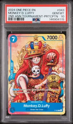 PSA 10 2024 ONE PIECE PROMOS 043 MONKEY D. LUFFY 2ND ANNIVERSARY TOURNAMENT - Image 1