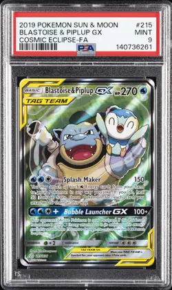 2019 POKEMON SUN & MOON COSMIC ECLIPSE #215 FULL ART/BLASTOISE & PIPLUP GX PSA 9 - Image 1