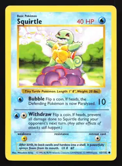 Squirtle 63/102 Base Set (Shadowless) Common Pokemon Card - Image 1
