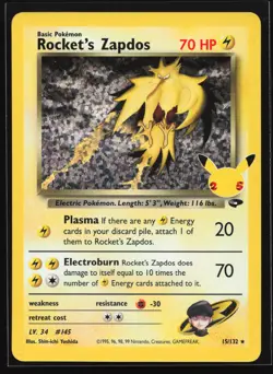 Rocket's Zapdos 15/132 Celebrations: Classic Collection Holo Pokemon Card - Image 1