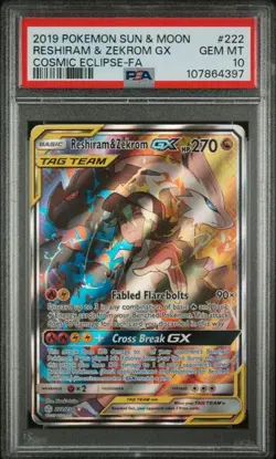 Pokemon Reshiram & Zekrom GX Cosmic Eclipse Full Art #222 PSA 10 - Image 1