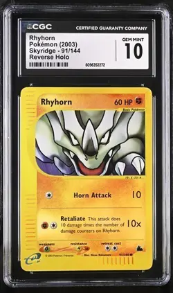 CGC 10 GEM MINT Rhyhorn 91/144 Reverse Holo 2003 Pokemon Skyridge Pop 11 - Image 1