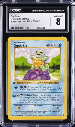 1999 POKEMON BASE SET 1ST EDITION #063 SQUIRTLE CGC 8 - Image 1