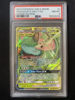 2019 POKEMON SUN & MOON COSMIC ECLIPSE #1 VENUSAUR & SNIVY GX PSA 8 - Image 1