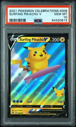 2021 Pokemon Surfing Pikachu V #008/025 SWSH Celebrations PSA 10 GEM MT - Image 1