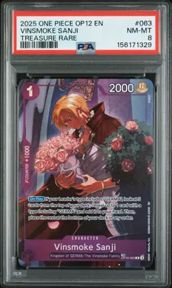2025 ONE PIECE OP12-LEGACY OF THE MASTER TREASURE RARE #063 VINSMOKE SANJI PSA 8 - Image 1