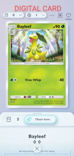Pokemon Pocket Mobile Game Wisdom Of Sea And Sky Set Bayleef ◇◇ Rare Trade Card - Image 1