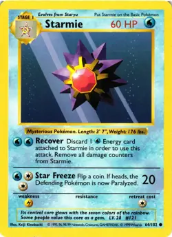Pokemon TCG Starmie Base Set 64/102 Regular Shadowless Common DMG - Image 1