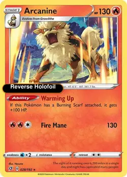 Pokemon Arcanine 028/192 SWSH02: Rebel Clash Reverse Holofoil - Image 1