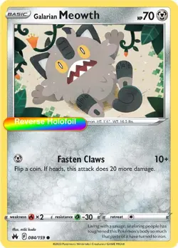 Pokemon Galarian Meowth 084/159 SWSH: Crown Zenith Reverse Holofoil - Image 1