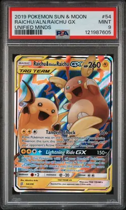 2019 Pokemon Raichu & Alolan Raichu GX Sun & Moon Unified Minds 54/236 PSA 9 MT - Image 1