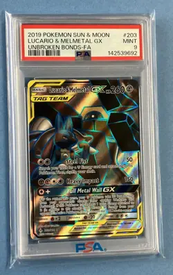 2019 Pokemon Sun & Moon Unbroken Bonds-Fa: #203 Lucario & Melmetal Gx PSA 9 MINT - Image 1