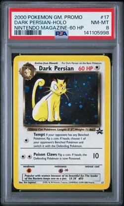 2000 POKEMON GAME PROMO NINTENDO MAGAZINE-60 HP #17 DARK PERSIAN-HOLO PSA 8 - Image 1