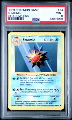 1999 POKEMON BASE SET SHADOWLESS #64 STARMIE PSA 9 - Image 1