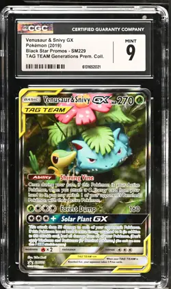 Venusaur & Snivy Gx SM229 Tag Team Generations Prem. Coll. Pokemon CGC 9 Mint - Image 1