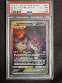 2019 POKEMON SUN & MOON TEAM UP #165 FULL ART/GENGAR & MIMIKYU GX PSA 10 - Image 1