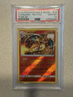 2019 POKEMON SUN & MOON TEAM UP #14 CHARIZARD-REVERSE FOIL PSA 10 - Image 1