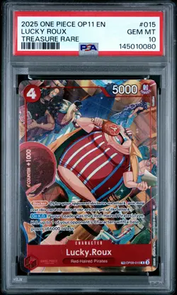2025 ONE PIECE OP11-A FIST OF DIVINE SPEED TREASURE RARE #015 LUCKY ROUX PSA 10 - Image 1