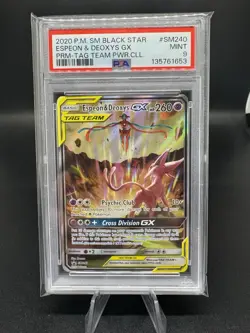 2020 Pokemon SM Black Star Promo SM240 Espeon & Deoxys GX - Tag Team PSA 9 - Image 1