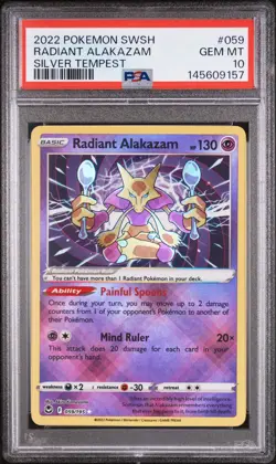 2022 POKEMON SWORD & SHIELD SILVER TEMPEST #059 RADIANT ALAKAZAM PSA 10 - Image 1