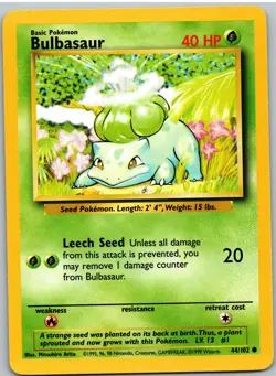Bulbasaur 44/102 Common Base Set Unlimited Pokemon NM - Image 1