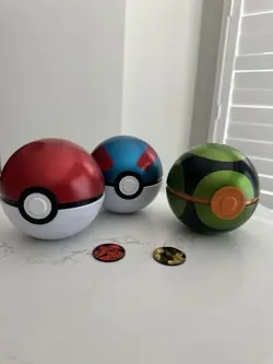 Pokemon Dusk Ball Tin Rare *EMPTY* Poke Ball Green, Red And Blue And Coins - Image 1