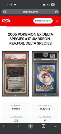 PSA 9 MINT Pokemon Umbreon Reverse Holo Rare 2005 ex Delta Species #17/113 - Image 3