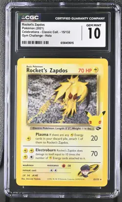 Rocket's Zapdos 15/132 Celebrations Gym Challenge Holo Pokemon CGC 10 Gem Mint - Image 1