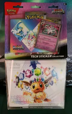 Pokemon Prismatic Evolutions ETB Sealed With Case + Tech Sticker 3pk - Image 1