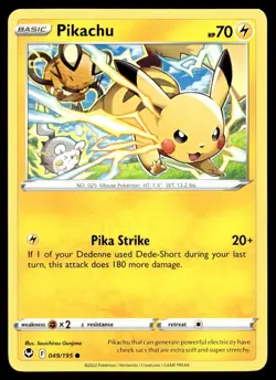 Pikachu 49/195 Pokemon Card Silver Tempest Common 70 HP Lightly Played ZJ - Image 1