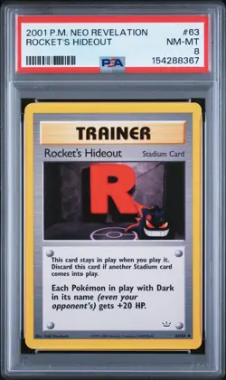 2001 POKEMON NEO REVELATION #63 ROCKET'S HIDEOUT PSA 8 - Image 1