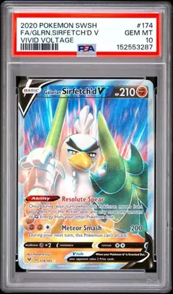 2020 Pokemon Vivid Voltage Galarian Sirfetch'd V PSA 10 GEM Full Art 174/185 - Image 1
