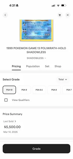 1999 POKEMON GAME 13 POLIWRATH-HOLO SHADOWLESS POP 48! Gem PSA 10 - Image 3