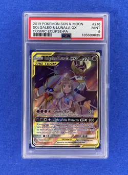 2019 #216 Full Art/Solgaleo & Lunala GX PSA 9 Sun & Moon Cosmic Eclipse Pokemon - Image 1