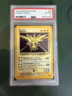 1999 POKEMON BASE SET UNLIMITED #16 ZAPDOS-HOLO PSA 6 - Image 1