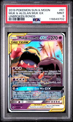 Pokemon Muk & Alolan Muk GX 61/214 S&M: Unbroken Bonds Holo PSA 9 MINT - Image 1