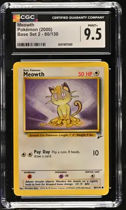 Meowth 80/130 Base Set 2 Pokemon CGC 9.5 Mint+ - Image 1