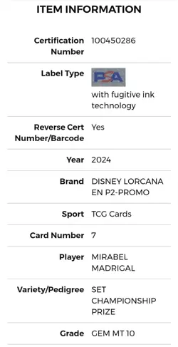 2024 MIRABEL MADRIGAL Disney Lorcana #7 Set Championship Prize PSA 10 GEM MINT - Image 5